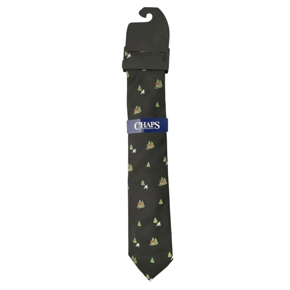 NWT Chaps Yeti Cabin Christmas Fir Tree Print Black Novelty Tie